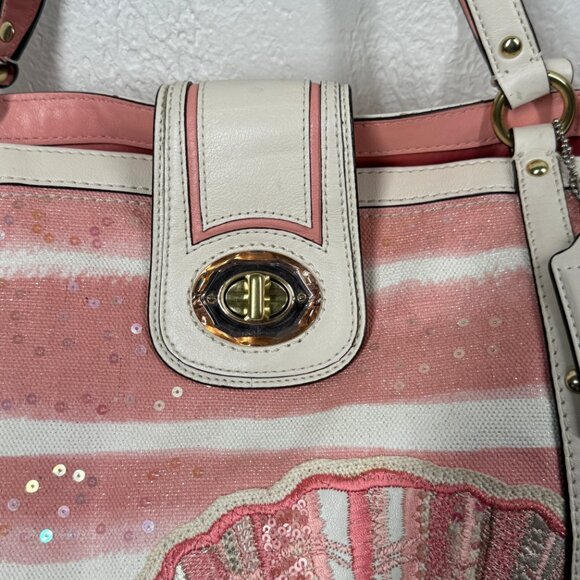Coach Audrey Cinched Tote Pink Stripe Canvas Shell Motif Sequin Leather Trim - Picture 4 of 16